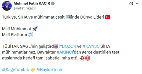 Bakan Kacır: BOZOK ve KAYI30 SİHA mühimmatlarımız, hedefi tam isabetle imha etti