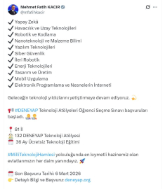 Bakan Kacır: DENEYAP Atölyeleri öğrenci seçme sınavı başvuruları başladı