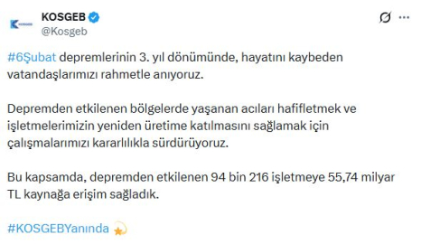 KOSGEB: Depremden etkilenen 94 bin 216 işletmeye 55,74 milyar TL kaynak sağladık