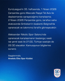 Anadolu Efes, Tel Aviv maçını Belgrad'da oynayacak