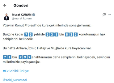 Bakan Kurum: Bu hafta kurayla 71 bin 799 anahtarımızın daha sahiplerini belirleyeceğiz