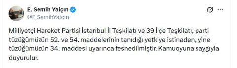 MHP, İstanbul Teşkilatını feshetti