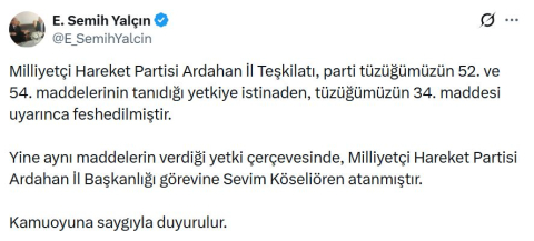 MHP, Ardahan Teşkilatı'nı feshetti