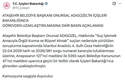 Ataşehir Belediye Başkanı Adıgüzel görevden uzaklaştırıldı