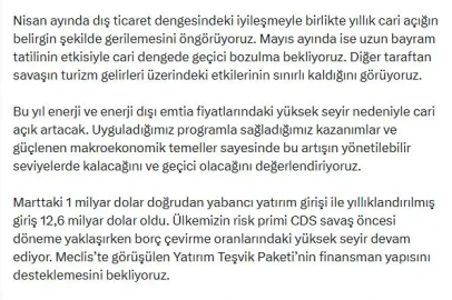 Bakan Şimşek'ten 'cari açık' değerlendirmesi